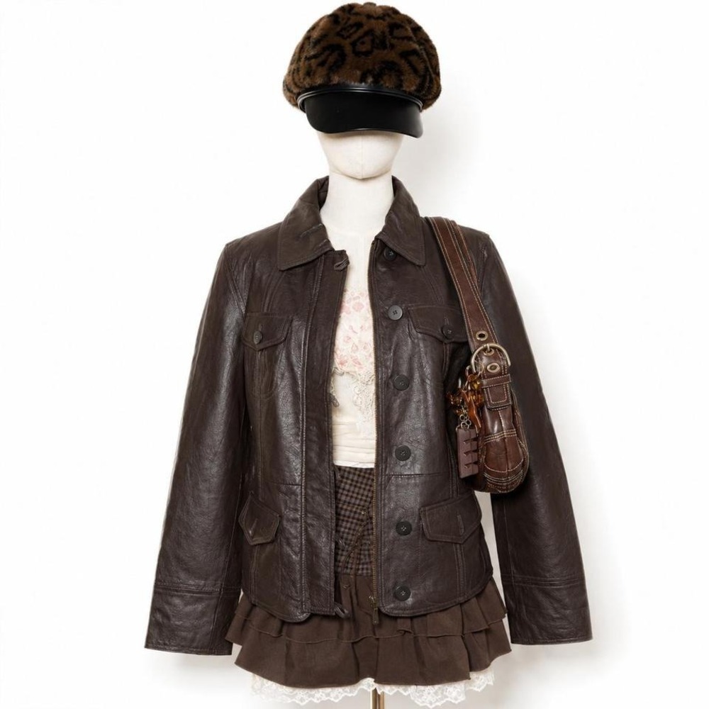 dark chocolate brown genuine leather Y2K jacket